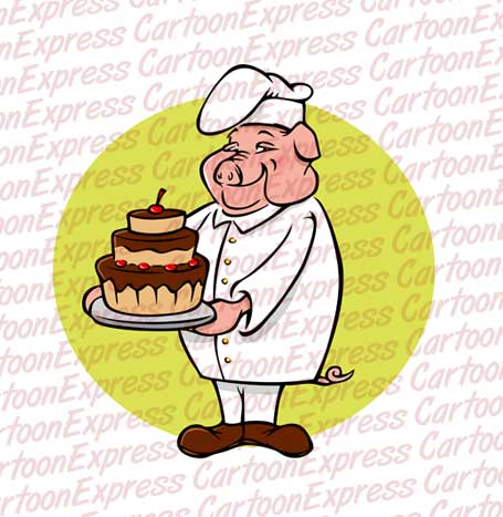 pig chef with cake